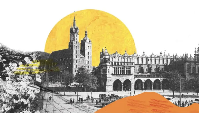 Kolaż: Rynek Główny w Krakowie na tle żółtego słońca